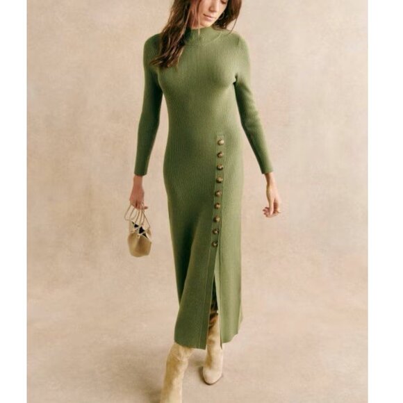 Sezane Dresses & Skirts - BEST Sezane Harper Midi Knit Dress Large Moss Green Ribbed French High Neckline